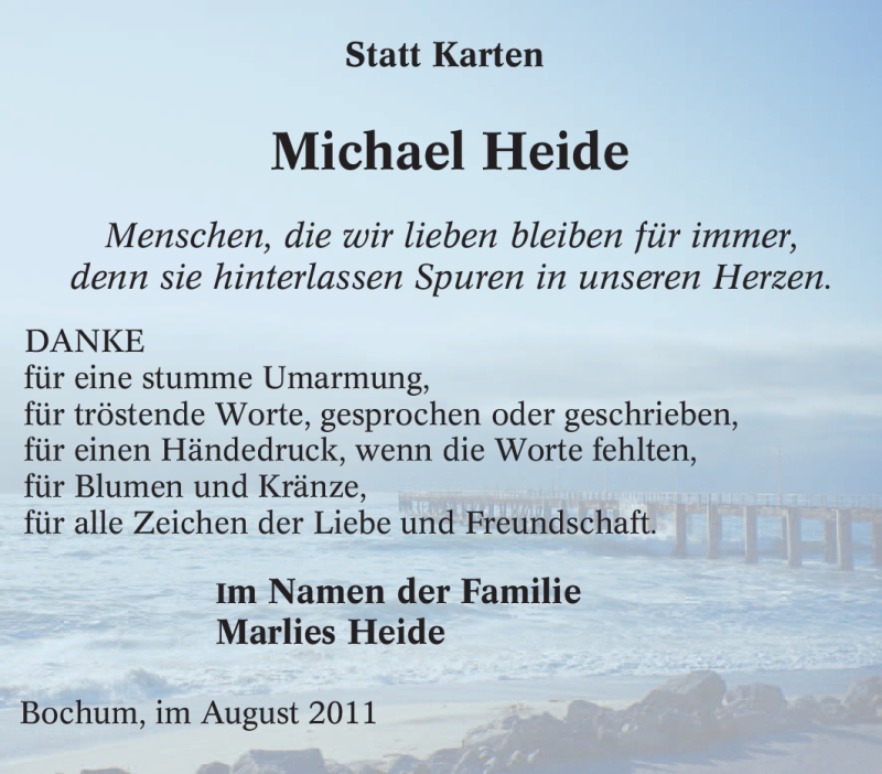  Traueranzeige für Michael Heide vom 13.08.2011 aus Tageszeitung