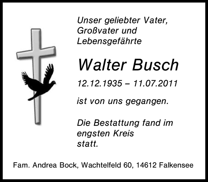  Traueranzeige für Walter Busch vom 06.08.2011 aus Tageszeitung