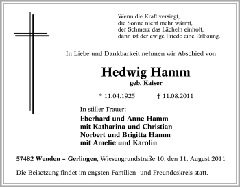Traueranzeige von Hedwig Hamm von Tageszeitung
