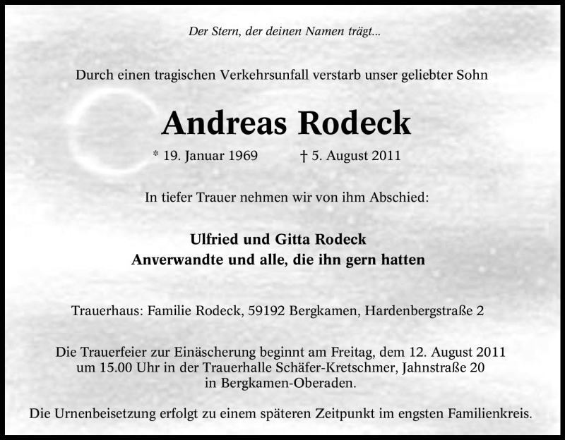  Traueranzeige für Andreas Rodeck vom 09.08.2011 aus Tageszeitung