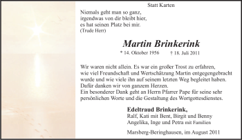 Traueranzeige von Martin Brinkerink von Tageszeitung
