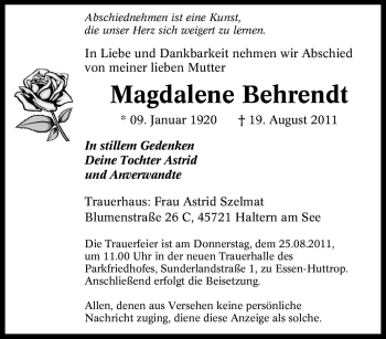 Traueranzeige von Magdalene Behrendt von Tageszeitung