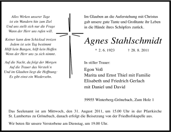 Traueranzeige von Agnes Stahlschmidt von Tageszeitung