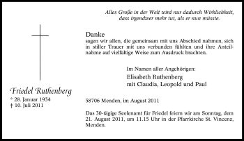 Traueranzeige von Friedel Ruthenberg von Tageszeitung