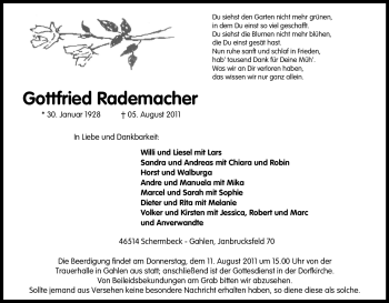 Traueranzeige von Gottfried Rademacher von Tageszeitung