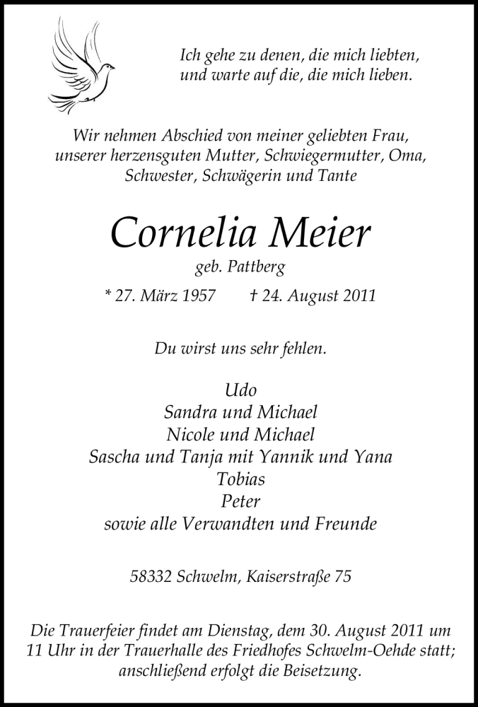  Traueranzeige für Cornelia Meier vom 27.08.2011 aus Tageszeitung