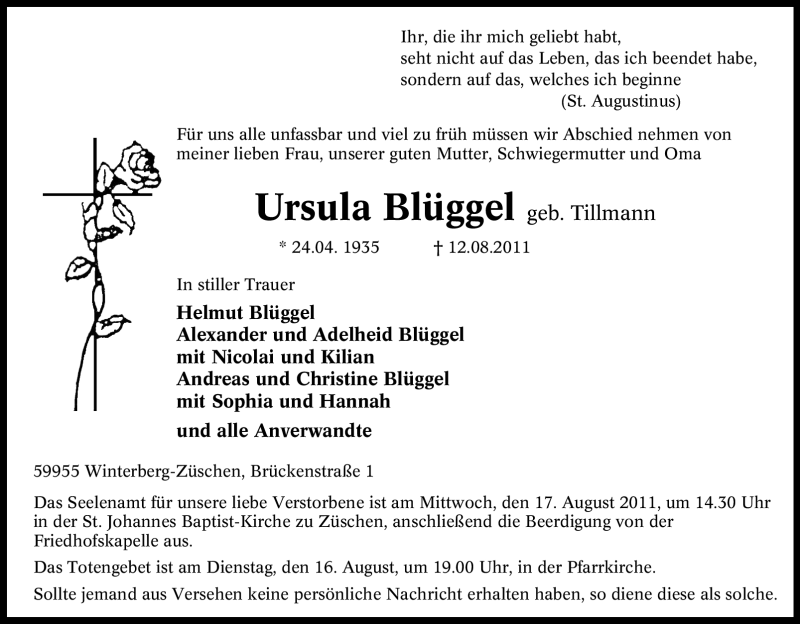  Traueranzeige für Ursula Büggel vom 15.08.2011 aus Tageszeitung