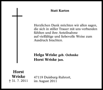 Traueranzeige von Horst Wriske von Tageszeitung