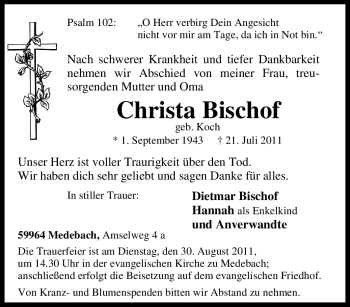 Traueranzeige von Christa Bischof von Tageszeitung