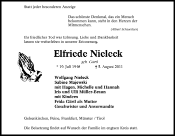 Traueranzeige von Elfriede Nieleck von Tageszeitung