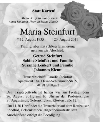 Traueranzeige von Maria Steinfurt von Tageszeitung