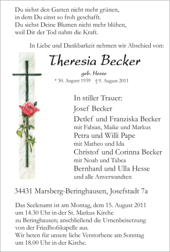 Traueranzeige von Theresia Becker von Tageszeitung