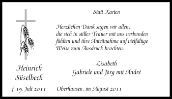 Traueranzeige von Heinrich Süselbeck von Tageszeitung