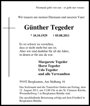 Traueranzeige von Günther Tegeder von Tageszeitung