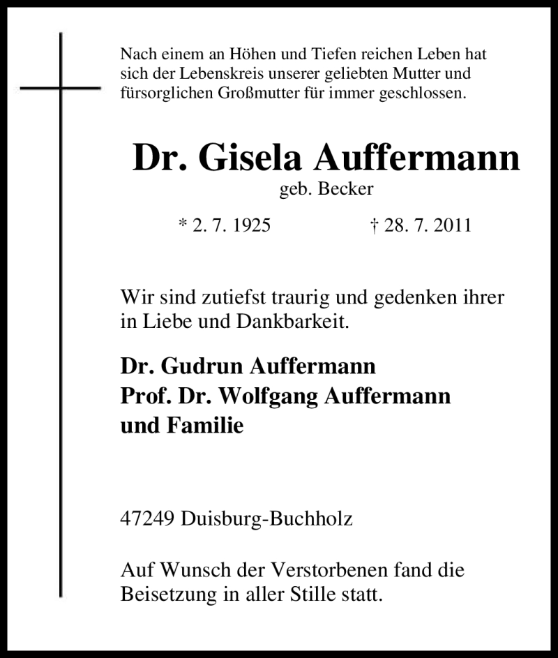  Traueranzeige für Gisela Auffermann vom 24.08.2011 aus Tageszeitung