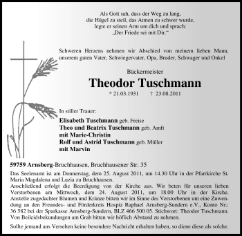 Traueranzeige von Theodor Tuschmann von Tageszeitung