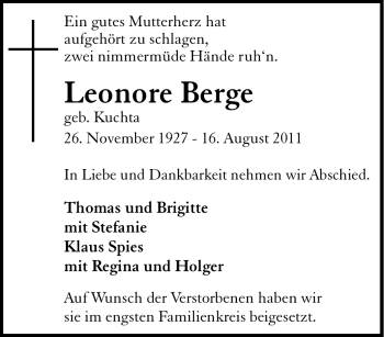 Traueranzeige von Leonore Berge von Tageszeitung