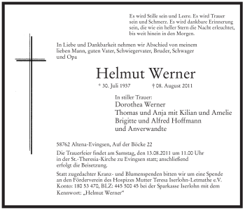 Traueranzeige von Helmut Werner von Tageszeitung