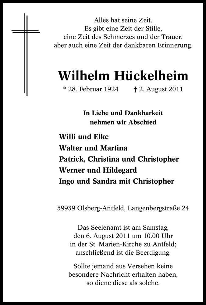  Traueranzeige für Wilhelm Hückelheim vom 04.08.2011 aus Tageszeitung