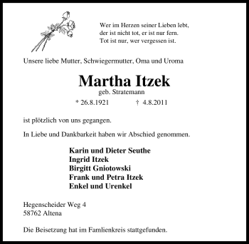 Traueranzeige von Martha Itzek von Tageszeitung