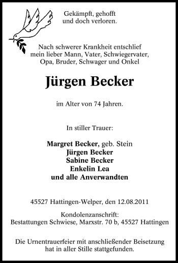 Traueranzeige von Jürgen Becker von Tageszeitung