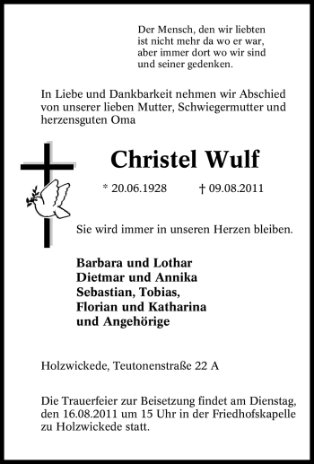 Traueranzeige von Christel Wulf von Tageszeitung