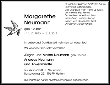 Traueranzeige von Margarethe Neumann von Tageszeitung