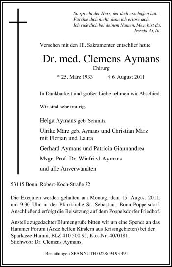 Traueranzeige von Clemens Aymans von Tageszeitung