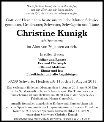 Traueranzeige von Christine Kunigk von Tageszeitung