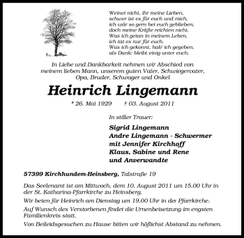 Traueranzeige von Heinrich Lingemann von Tageszeitung