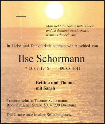 Traueranzeige von Ilse Schormann von Tageszeitung