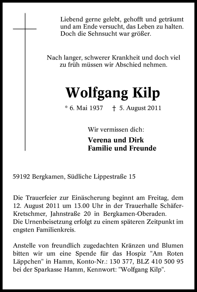  Traueranzeige für Wolfgang Kilp vom 09.08.2011 aus Tageszeitung