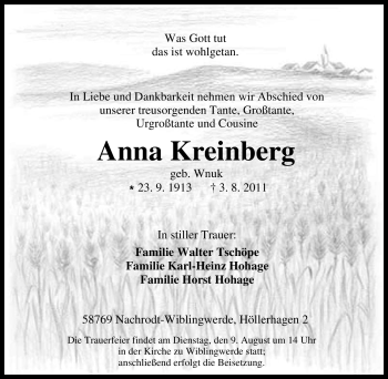 Traueranzeige von Anna Kreinberg von Tageszeitung