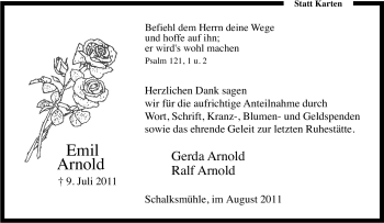 Traueranzeige von Emil Arnold von Tageszeitung