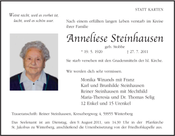 Traueranzeige von Anneliese Steinhausen von Tageszeitung
