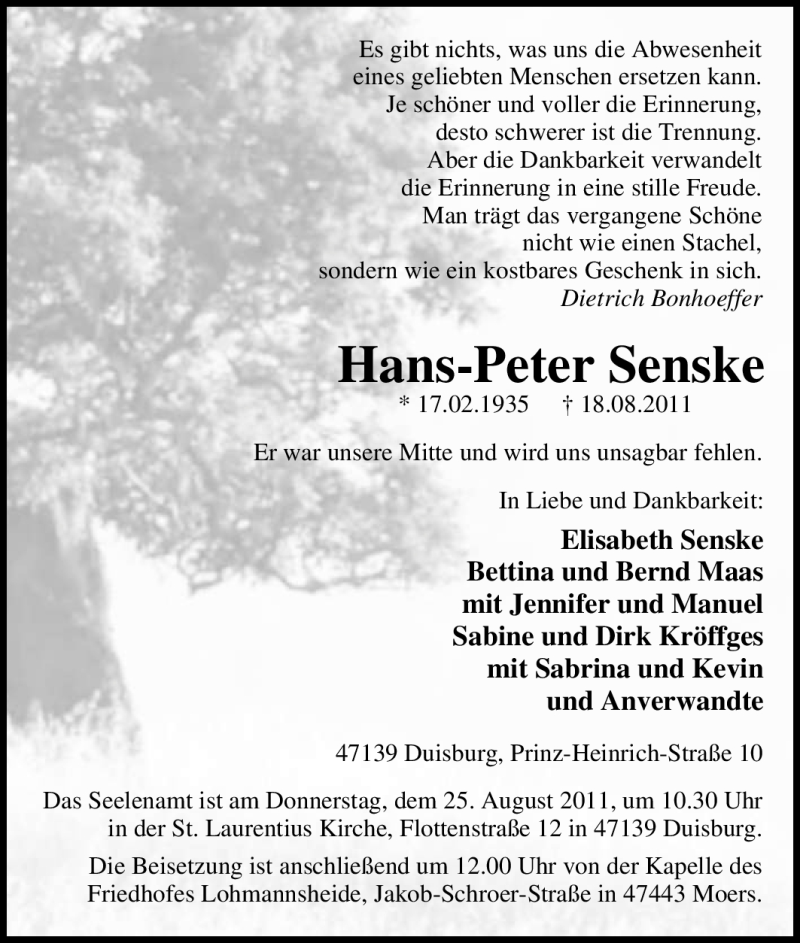  Traueranzeige für Hans-Peter Senske vom 20.08.2011 aus Tageszeitung