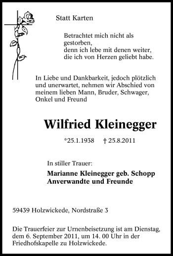 Traueranzeige von Wilfried Kleinegger von Tageszeitung