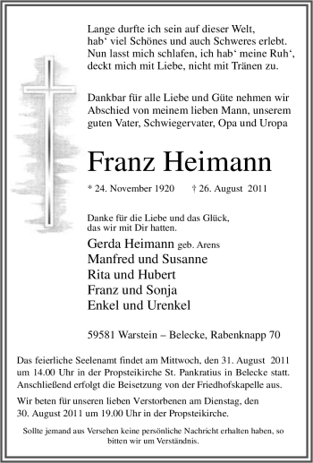 Traueranzeige von Franz Heimann von Tageszeitung