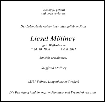 Traueranzeige von Liesel Möllney von Tageszeitung