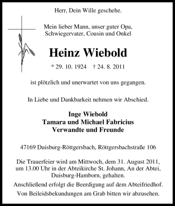 Traueranzeige von Heinz Wiebold von Tageszeitung