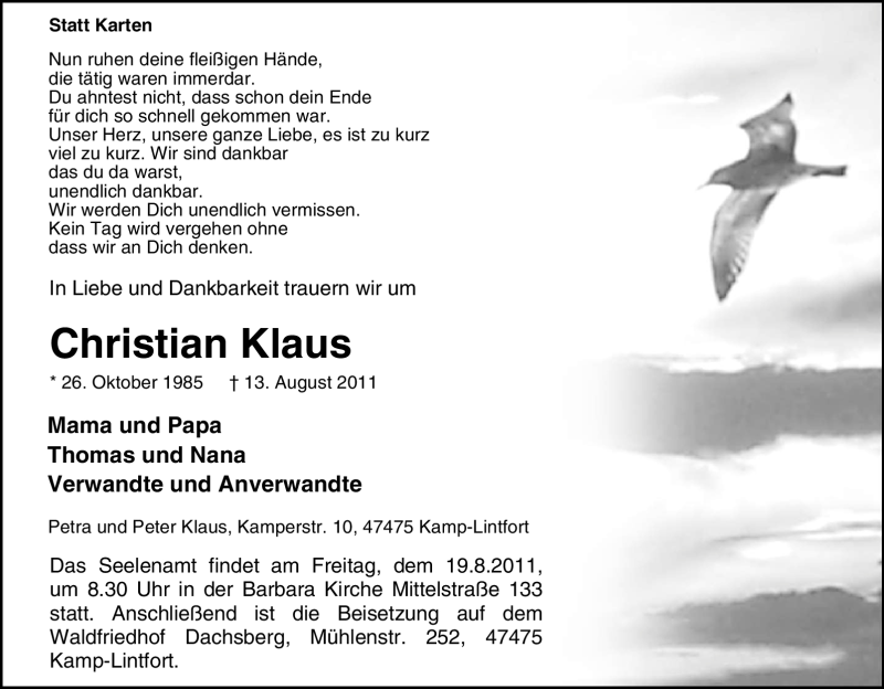  Traueranzeige für Christian Klaus vom 17.08.2011 aus Tageszeitung