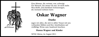 Traueranzeige von Oskar Wagner von Tageszeitung