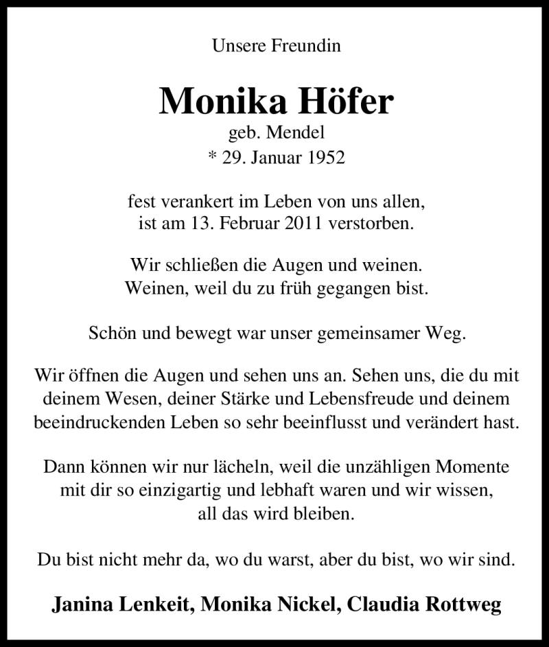  Traueranzeige für Monika Höfer vom 13.08.2011 aus Tageszeitung