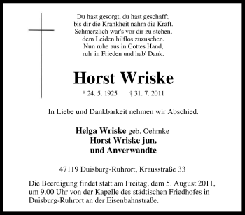 Traueranzeige von Horst Wriske von Tageszeitung