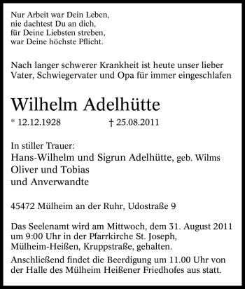 Traueranzeige von Wilhelm Adelhütte von Tageszeitung