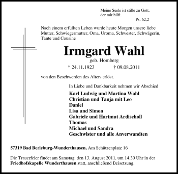 Traueranzeige von Irmgard Wahl von Tageszeitung