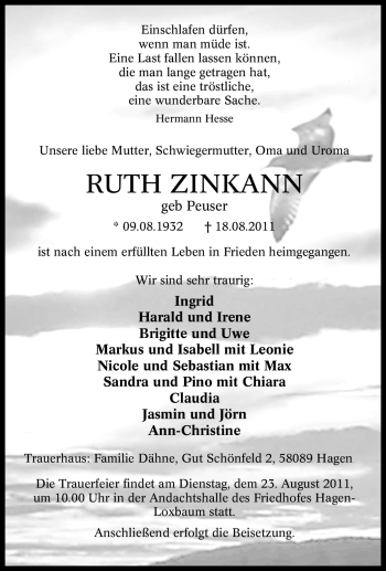 Traueranzeige von Ruth Zinkann von Tageszeitung