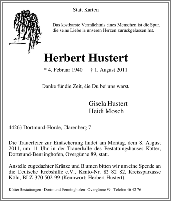 Traueranzeige von Herbert Hustert von Tageszeitung