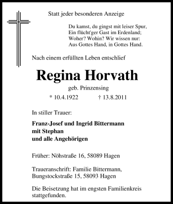 Traueranzeige von Regina Horvath von Tageszeitung