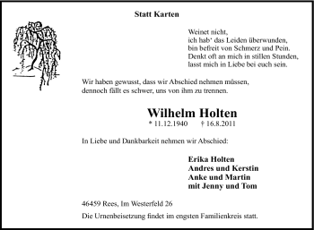 Traueranzeige von Wilhelm Holten von Tageszeitung